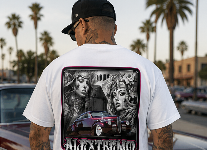 A man viewed from behind wearing a white t-shirt with a large back graphic. The graphic features a black and white illustration of two women with a classic car in the center, bordered in red, with the text 'ALXTREMO' at the bottom.