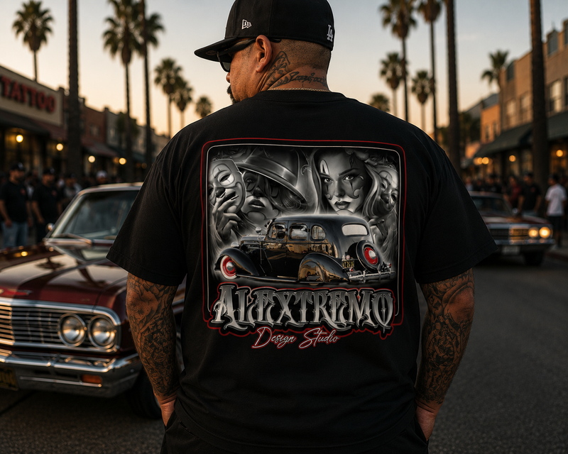 A man viewed from behind wearing a black t-shirt with a large graphic print on the back. The graphic features a vintage car, stylized faces, and the text 'A EXTREMO Design Studio'.