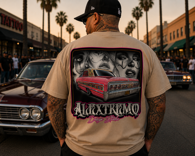 A man viewed from behind wearing a beige graphic t-shirt with a large back print featuring a red lowrider car and the text 'ALXTREMO Deep Ellum'. The background shows a street scene with classic cars and palm trees at sunset.
