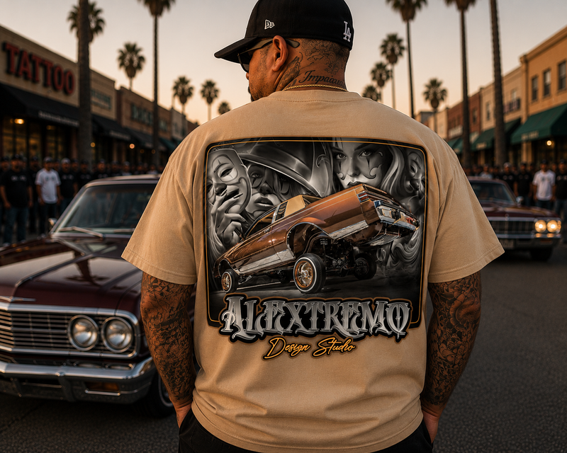 A man stands with his back to the camera wearing a beige graphic t-shirt featuring a large design of a custom car and the text 'ALFXTREMO Design Studio'. The background shows a street scene with palm trees, storefronts, and classic cars at sunset.