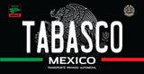 A black custom license plate style graphic with the word 'TABASCO' in large white letters, a grayscale Mexican eagle emblem behind it, 'MEXICO' and 'TRANSPORTE PRIVADO AUTOMOVIL' in white text, green and red horizontal bars at the bottom, and small Mexican transport authority logos in the corners.