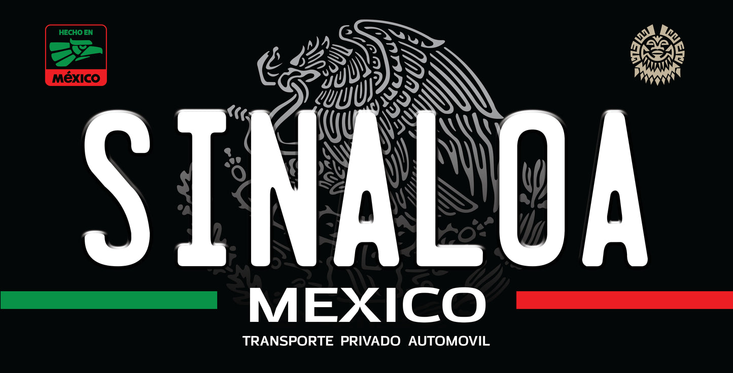 A black license plate style sign with large white text reading 'SINALOA MEXICO' and smaller text 'TRANSPORTE PRIVADO AUTOMOVIL'. The design includes the Mexican flag colors as horizontal bars at the bottom and a gray eagle graphic in the background.